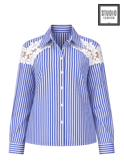 Lacivert Çizgili Dantel Detaylı Pamuklu Gömlek