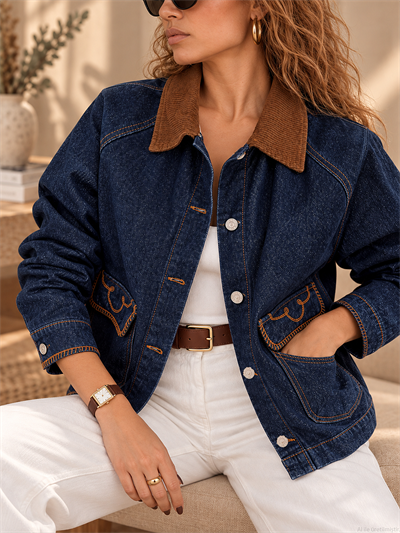 Lacivert Denim Kahve Kadife Yaka Cepli Nakışlı Ceket