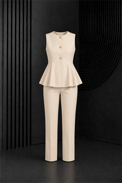 Taş Gold Düğmeli Peplum Detaylı Kolsuz Yelek Pantolon Takım
