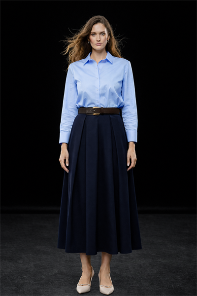 Kadın Lacivert Yüksek Bel Pileli Kemerli Midi Boy Etek