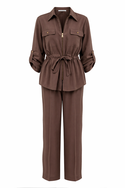 Kahve Tensel Kumaş Fermuar ve Bağcıklı Şık İkili Takım