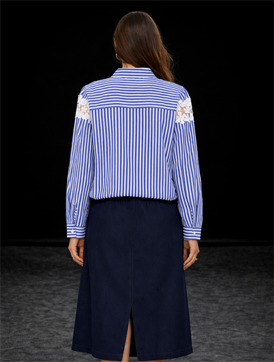 Lacivert Çizgili Dantel Detaylı Pamuklu Gömlek