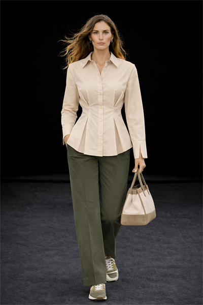 Bej Poplin %100 Pamuk Pilili Belden Oturtmalı Gömlek