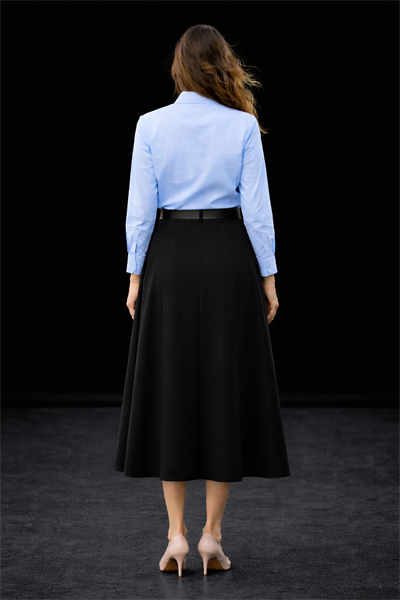 Kadın Siyah Yüksek Bel Pileli Kemerli Midi Boy Etek