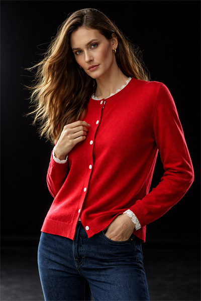 Kadın Kırmızı Yakası ve Kolları Dantelli Ultrasoft Triko Hırka