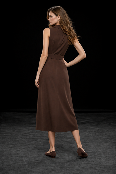 Kadın Kahverengi Kolsuz Şık Siluet Kruvaze Kemerli Midi Elbise