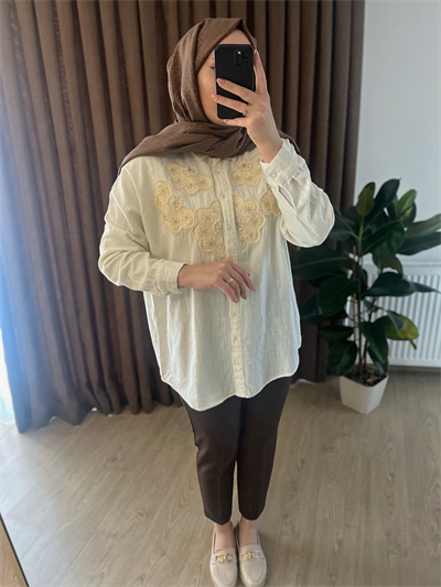 Kadın Ekru İnci İşlemeli Brode Nakışlı Pamuk Keten Tunik Gömlek 