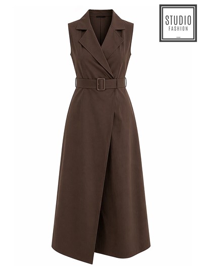 Kadın Kahverengi Kolsuz Şık Siluet Kruvaze Kemerli Midi Elbise
