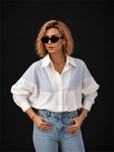 Beyaz-Lacivert Çizgi Detaylı Oversize %100 Pamuk Poplin Gömlek