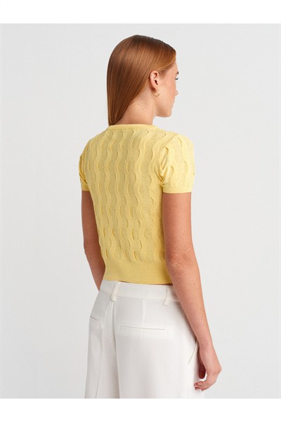 60980 Bisiklet Yaka Dokulu Düğmeli Triko Hırka-Sarı