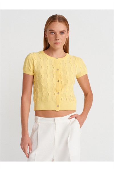 60980 Bisiklet Yaka Dokulu Düğmeli Triko Hırka-Sarı
