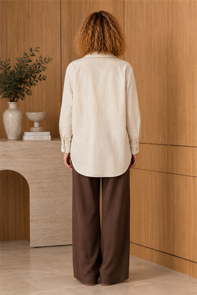 Naturel Nakış Detaylı Oversize Pamuk Keten Gömlek