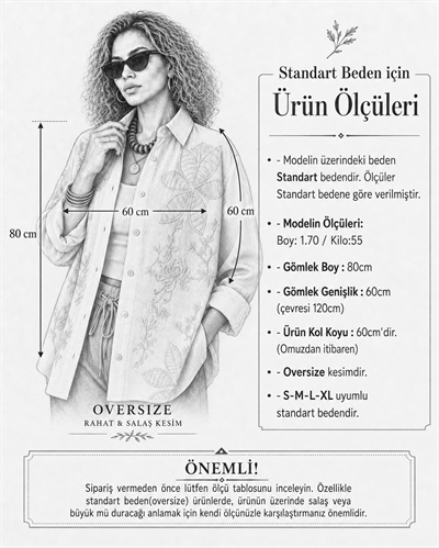 Naturel Nakış Detaylı Desenli Oversize Pamuk Keten Gömlek