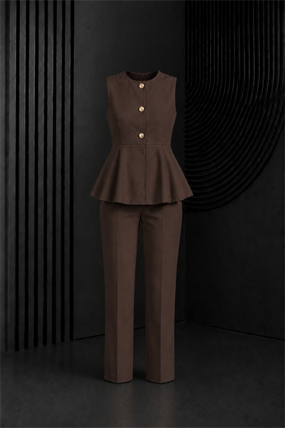 Kahve Gold Düğmeli Peplum Detaylı Kolsuz Yelek Pantolon Takım