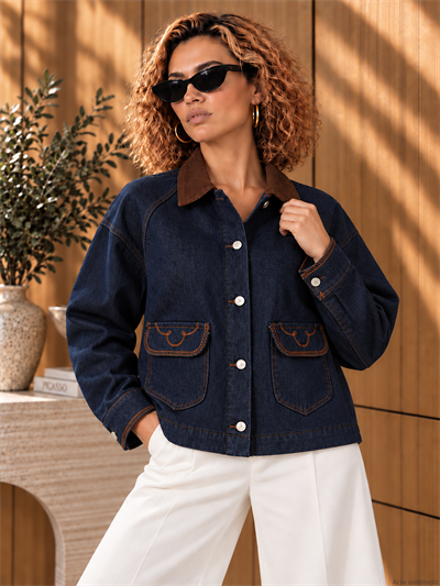 Lacivert Denim Kahve Kadife Yaka Cepli Nakışlı Ceket
