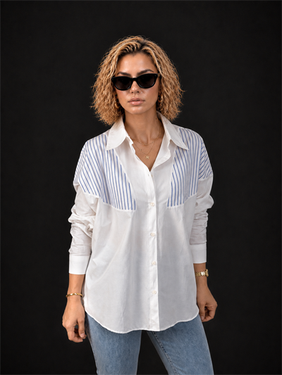 Beyaz-Lacivert Çizgi Detaylı Oversize %100 Pamuk Poplin Gömlek