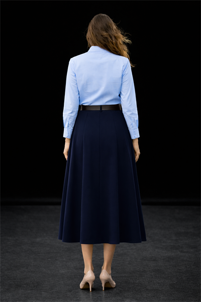 Kadın Lacivert Yüksek Bel Pileli Kemerli Midi Boy Etek
