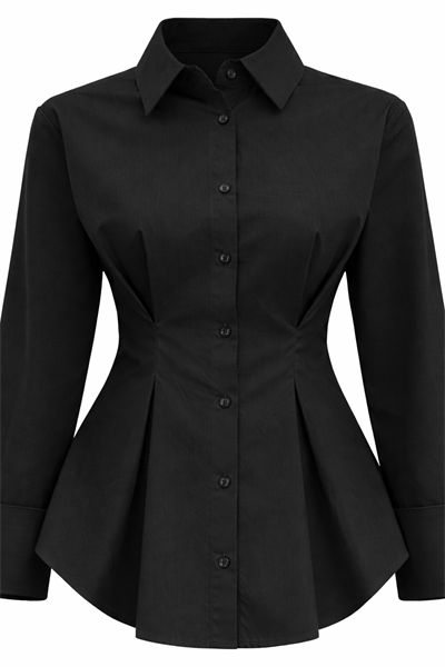 Siyah Poplin %100 Pamuk Pilili Belden Oturtmalı Gömlek