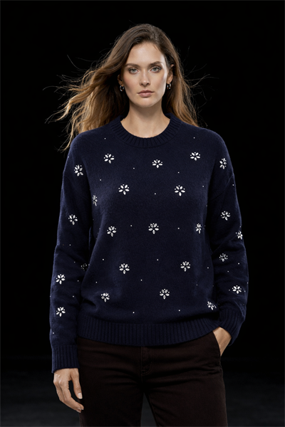 Kadın Lacivert Çiçek Taş İşlemeli Şık Triko Kazak