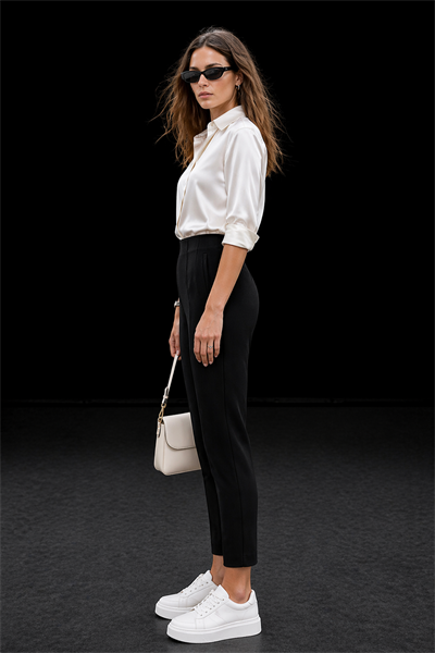 Kadın Siyah Karol Premium Önü Flatolu Biyeli Yüksek Bel Zr Model Kumaş Boru Paça Havuç Pantolon