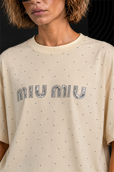 Açık Sarı Taş İşlemeli Oversize Bisiklet Yaka %100 Pamuk T-shirt