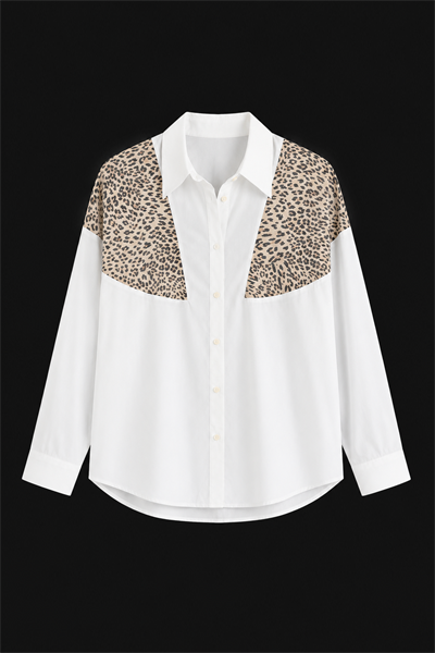 Kadın Beyaz Tasarım Leopar Detay Oversize Poplin Pamuklu Gömlek
