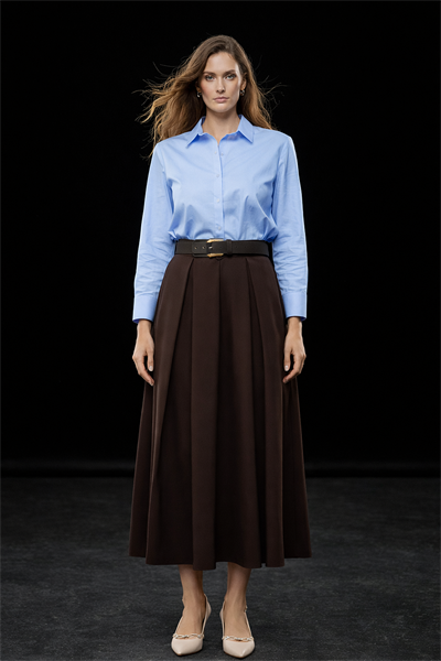 Kadın Kahverengi Yüksek Bel Pileli Kemerli Midi Boy Etek