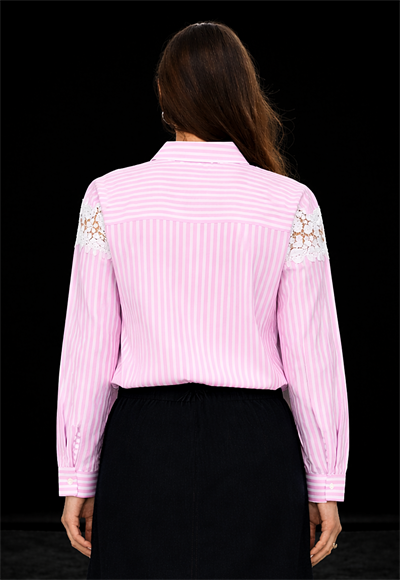 Pembe Çizgili Dantel Detaylı Pamuklu Gömlek