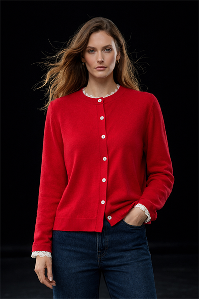 Kadın Kırmızı Yakası ve Kolları Dantelli Ultrasoft Triko Hırka