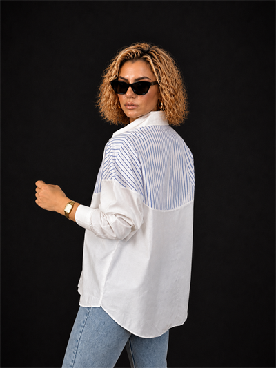 Beyaz-Lacivert Çizgi Detaylı Oversize %100 Pamuk Poplin Gömlek