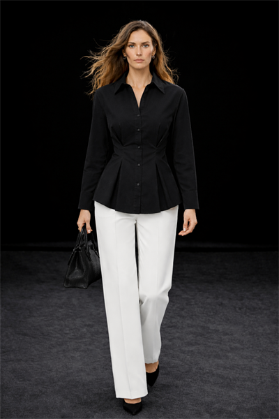 Siyah Poplin %100 Pamuk Pilili Belden Oturtmalı Gömlek