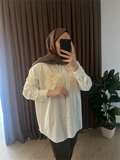 Kadın Ekru İnci İşlemeli Brode Nakışlı Pamuk Keten Tunik Gömlek 
