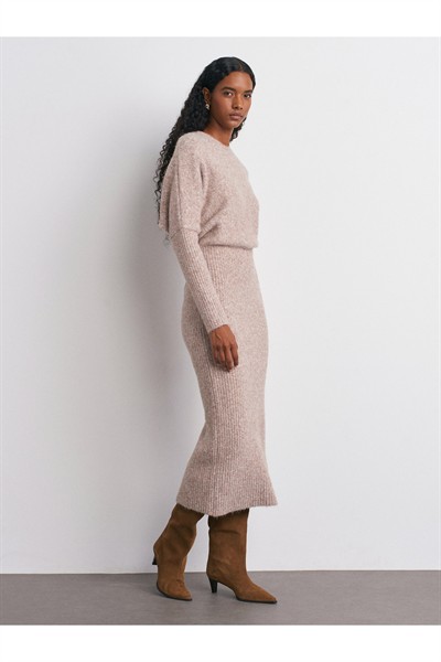 90260 Bisiklet Yaka Yumuşak Dokulu Triko Elbise-Vizon M.