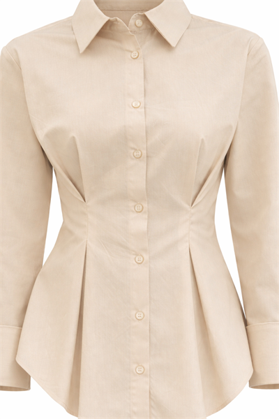 Bej Poplin %100 Pamuk Pilili Belden Oturtmalı Gömlek
