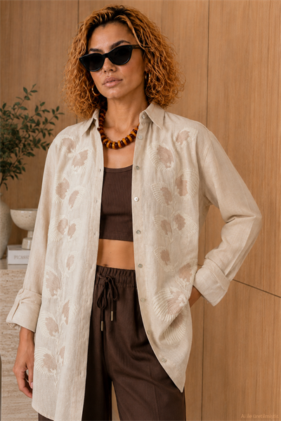 Naturel Nakış Detaylı Oversize Pamuk Keten Gömlek
