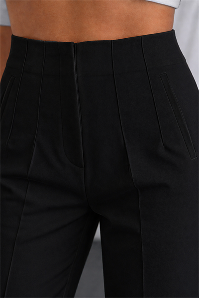 Kadın Siyah Karol Premium Önü Flatolu Biyeli Yüksek Bel Zr Model Kumaş Boru Paça Havuç Pantolon