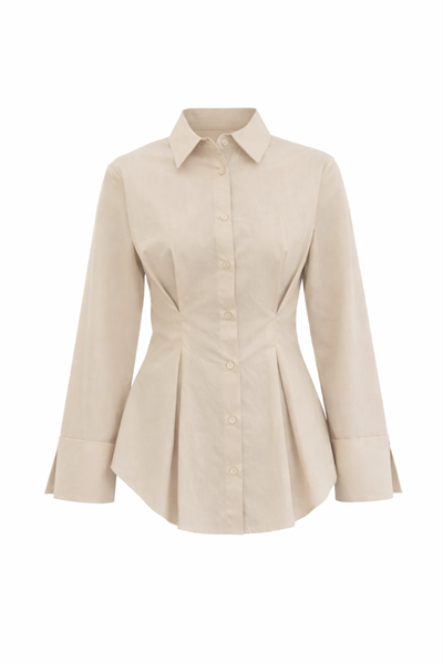 Bej Poplin %100 Pamuk Pilili Belden Oturtmalı Gömlek