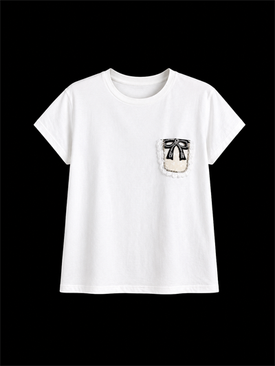 Ekru Bisiklet Yaka Cep Detaylı Taşlı Pamuk T-Shirt