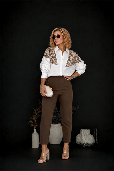Kadın Beyaz Tasarım Leopar Detay Oversize Poplin Pamuklu Gömlek