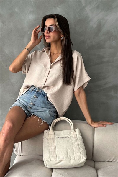 Bej Arkası Dantelli %100 Keten Kısa Kol Gömlek