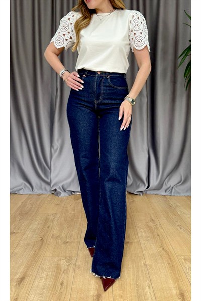 Kadın Bej Premium Bisiklet Yaka Kol Örgü Detay Pamuklu Bluz