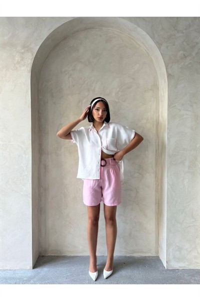 Kadın Beyaz Çoban Pembe Dikişli %100 Keten Gömlek