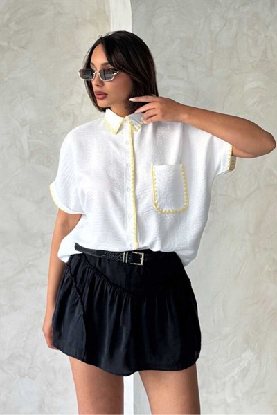 Beyaz Çoban Sarı Dikişli %100 Keten Gömlek