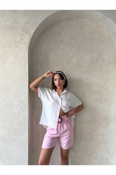 Kadın Beyaz Çoban Pembe Dikişli %100 Keten Gömlek