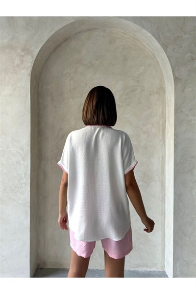 Kadın Beyaz Çoban Pembe Dikişli %100 Keten Gömlek