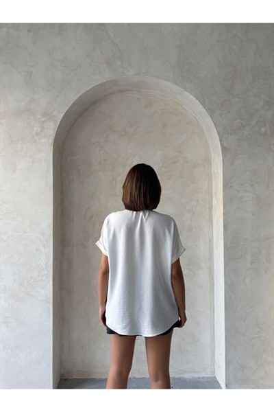 Beyaz Çoban Sarı Dikişli %100 Keten Gömlek