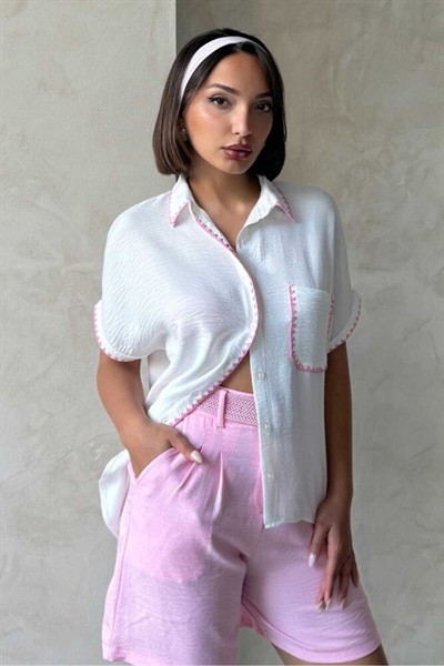 Kadın Beyaz Çoban Pembe Dikişli %100 Keten Gömlek