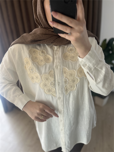 Kadın Ekru İnci İşlemeli Brode Nakışlı Pamuk Keten Tunik Gömlek 