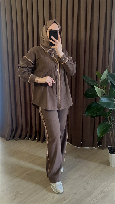 Kadın Kahverengi Saçak Detaylı Keten Dokulu Pamuklu Gömlek Pantolon Takım