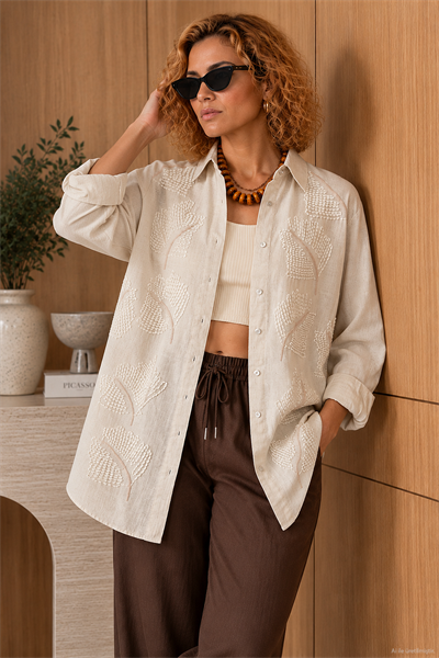 Naturel Nakış Detaylı Oversize Pamuk Keten Gömlek